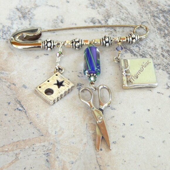 Scrapbooking Charm Pin - Sterling Silver - Cane Glass - Swarovski Crystals - Picture 2 of 4